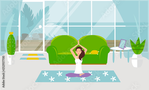 Vector illustration The girl is engaged in yoga in namaste and hands up in a cozy living room. Design of a modern room with furniture and accessories. Large window, glass door, exit to the courtyard