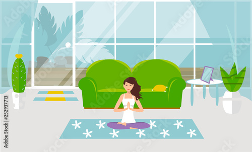 Vector illustration The girl is engaged in yoga in namaste at home, in a cozy living room. Design of a modern room with furniture and accessories. Large window, glass door, exit to the courtyard