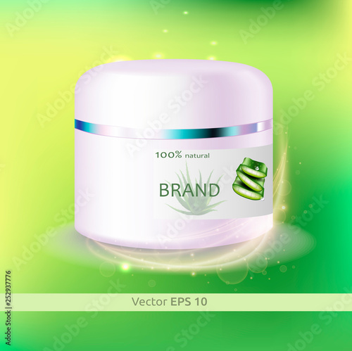 Vector layout - a plastic jar of face cream with Aloe plant juice, natural organic cosmetics cream mousse for face and body. Beautiful cosmetic poster
