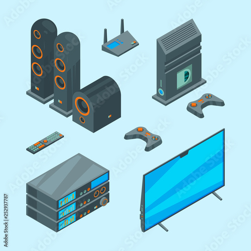 Home entertainment. Isometric console for games tv laptop audio speakers theatre computer vector pictures. Tv audio home, video system for television illustration