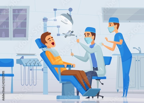 Stomatology clinic. Medical stuff dentists specialists working in diagnostic cabinet vector healthcare concept cartoon illustrations. Stomatology professional occupation, healthcare and diagnostic