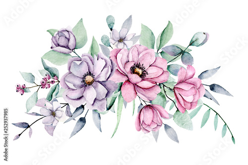 Summer flowers watercolor, pink and violet peonies. Floral clip art. Perfectly for print design on invitation, greeting card, wall art and other. Isolated on white background. Hand paint.