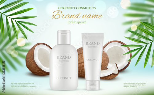 Coconut cosmetic. Advertizing poster with cream tubes and fresh coco and natural body milk splashes vector realistic. Illustration of lotion plant coconut, care spa cream