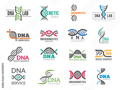 Dna logotype. Business identity with science biotech symbols pharmaceutical bio icons. Logo dna identity molecule, medical company illustration
