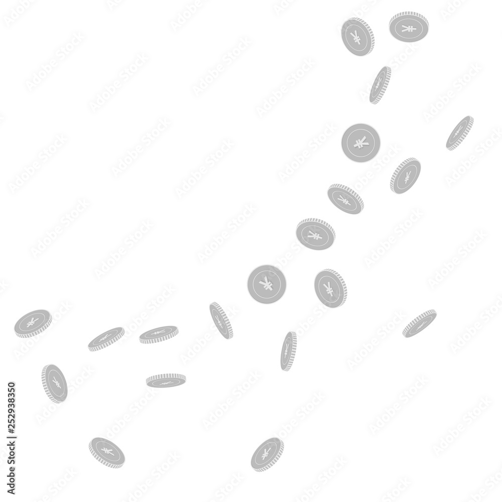 Chinese yuan coins falling. Scattered black and wh Chinese yuan coins falling. Scattered black and wh