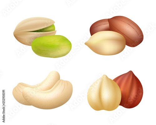 Nuts realistic. Mixed seeds dry food dried cashew vector pictures of nuts. Cashew and hazelnut, pistachio and almond, nutshell illustration