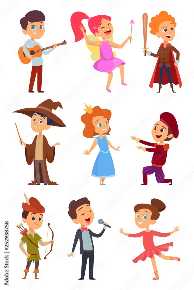 Kid actors. Theater performance of funny childrens boys and girls in costume standing at school stage vector characters cartoon. Child and kid theater, young performance in childhood illustration Kid actors. Theater performance of funny childrens boys and girls in costume standing at school stage vector characters cartoon. Child and kid theater, young performance in childhood illustration