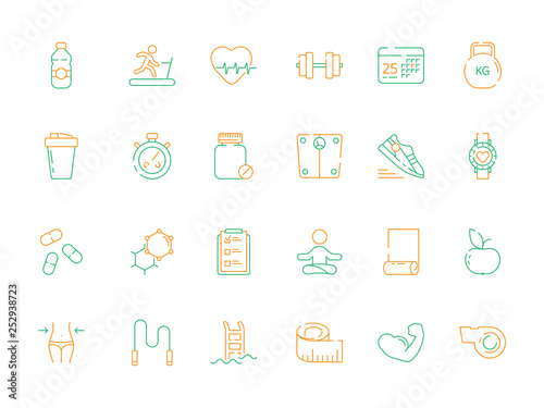 Sport icons. Gym and fitness exercise workout supplements personal training vector colored pictures. Illustration of healthy sport, heartbeat and scales, sneakers and whistle