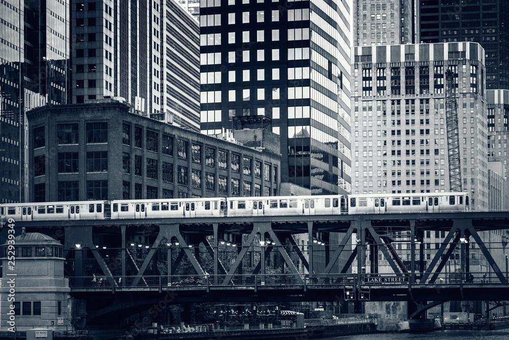 Black and white view of elevated railway train in Chicago,