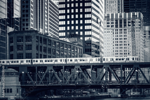 Black and white view of elevated railway train in Chicago,