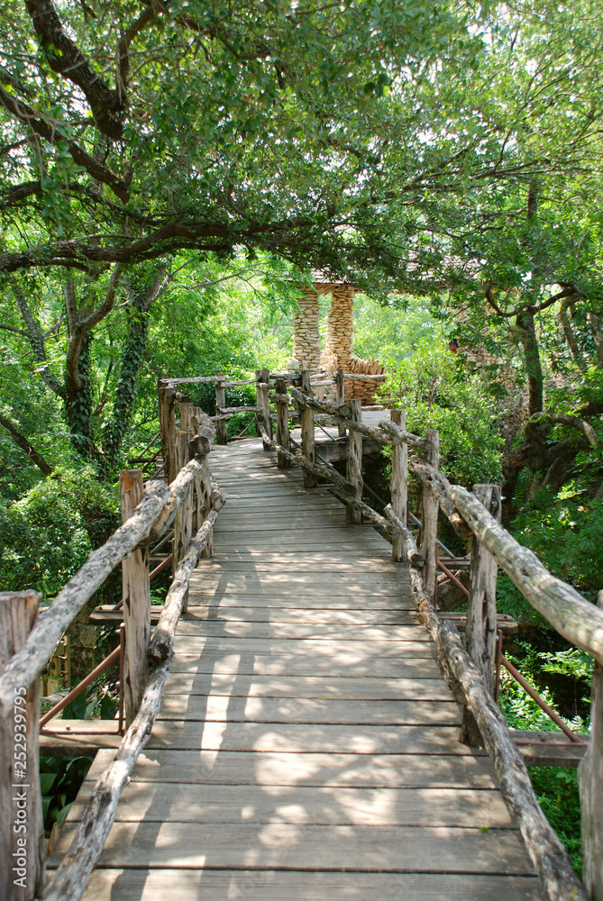 Fototapeta premium Japanese garden wooden bridge walkway
