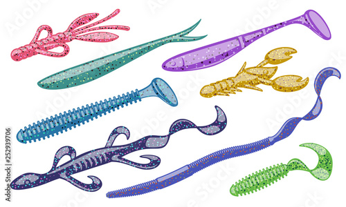 Mixed kinds of soft plastic baits.