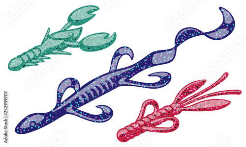 Mixed kinds of soft plastic creature baits.