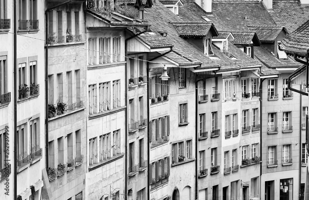 Row of characteristic ancient houses in the historical center of Bern, Switzerland.