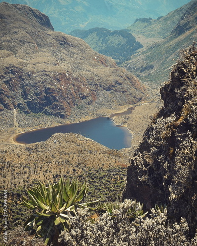 An aerial view of Bujuku Valley with Lake Bujuku in the middle ground, Rwenzori Mountains National Park, Uganda photo