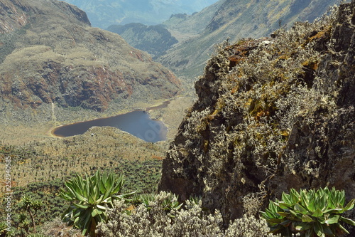 An aerial view of Bujuku Valley with Lake Bujuku in the middle ground, Rwenzori Mountains National Park, Uganda photo
