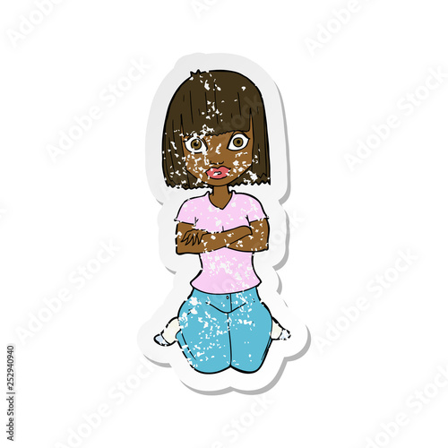 retro distressed sticker of a cartoon woman kneeling