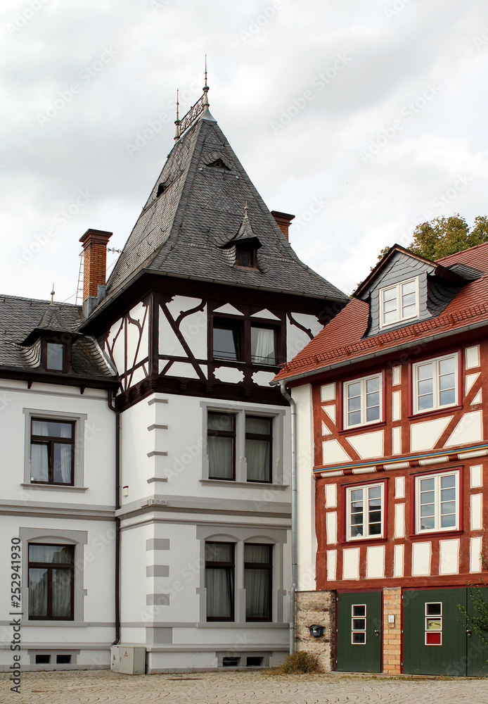 Interesting half-timbered houses of medieval Europe. A small tourist town of Germany, 2018