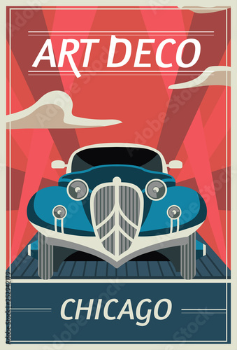 Vector retro poster in art Deco style. Chicago. Retro car on the road. Vintage travel illustration.