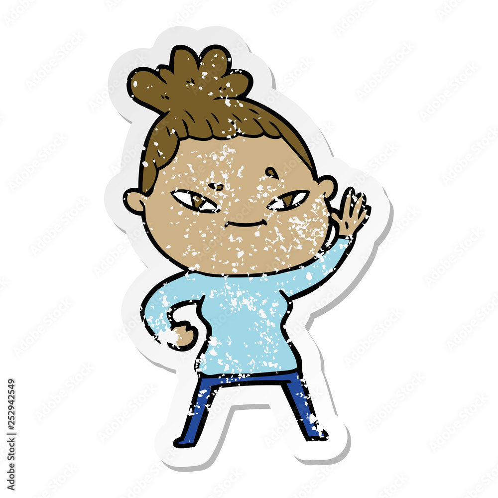 distressed sticker of a cartoon woman distressed sticker of a cartoon woman