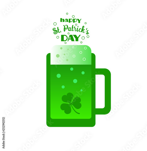Happy St. Patrick's Day.  Mug with cold green beer, shamrock, lettering. Irish holiday template for greeting card, invitation, party, banner, festival poster, flyer, instagram stories. 