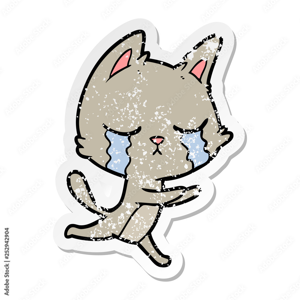 distressed sticker of a crying cartoon cat running distressed sticker of a crying cartoon cat running