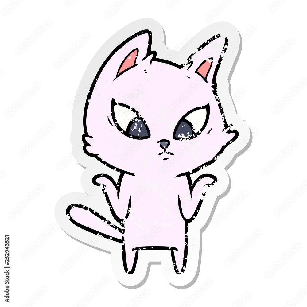 distressed sticker of a confused cartoon cat shrugging shoulders distressed sticker of a confused cartoon cat shrugging shoulders
