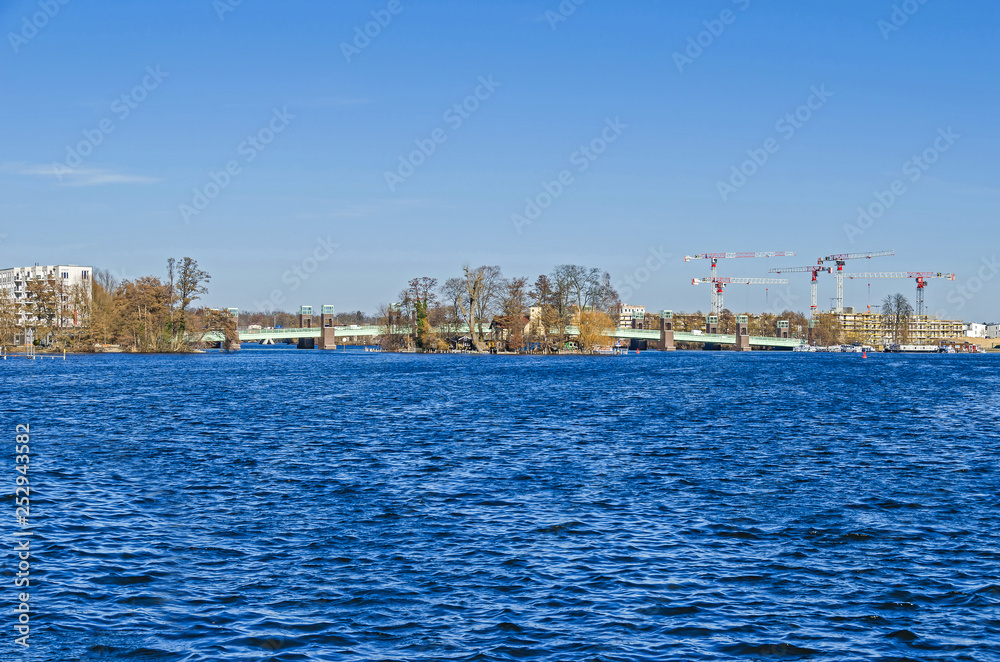 Maselake bay of the River Havel, Spandauer-See bridge and the Island of Love or Kleine Wall in Berlin