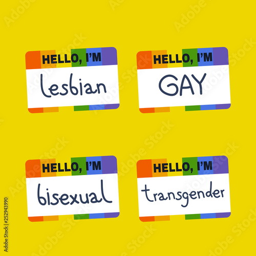 Hello, I'm badge. Open homosexuality. Self determination. Coming out. LGBT community. Flat editable vector illustration, clip art
