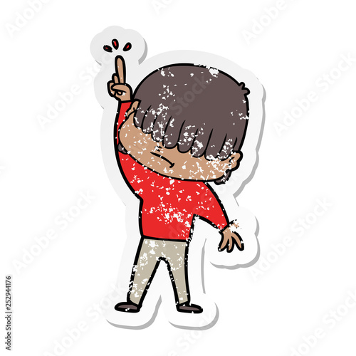 distressed sticker of a cartoon boy with untidy hair