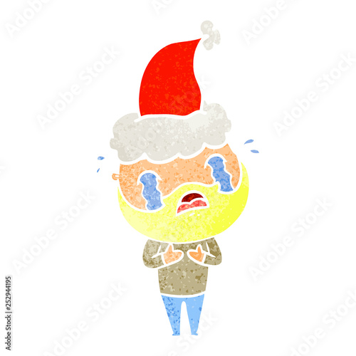retro cartoon of a bearded man crying wearing santa hat