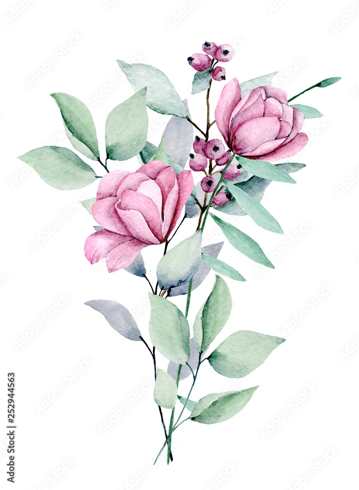 Peonies, watercolor pink flowers bouquet. Floral summer illustration isolated on white background. Hand drawing. Perfectly for wedding, birthday, party and other greeting card design.