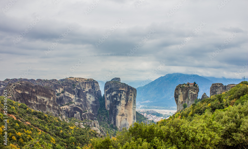 picturesque panorama landscape of Asian mountain forest landscape in China in cloudy dramatic weather time