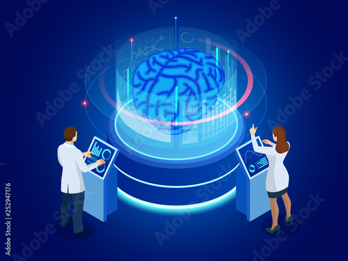 Isometric scientific development of Artificial Intelligence concept. Electric brain. Laboratory researching brain. vector illustration