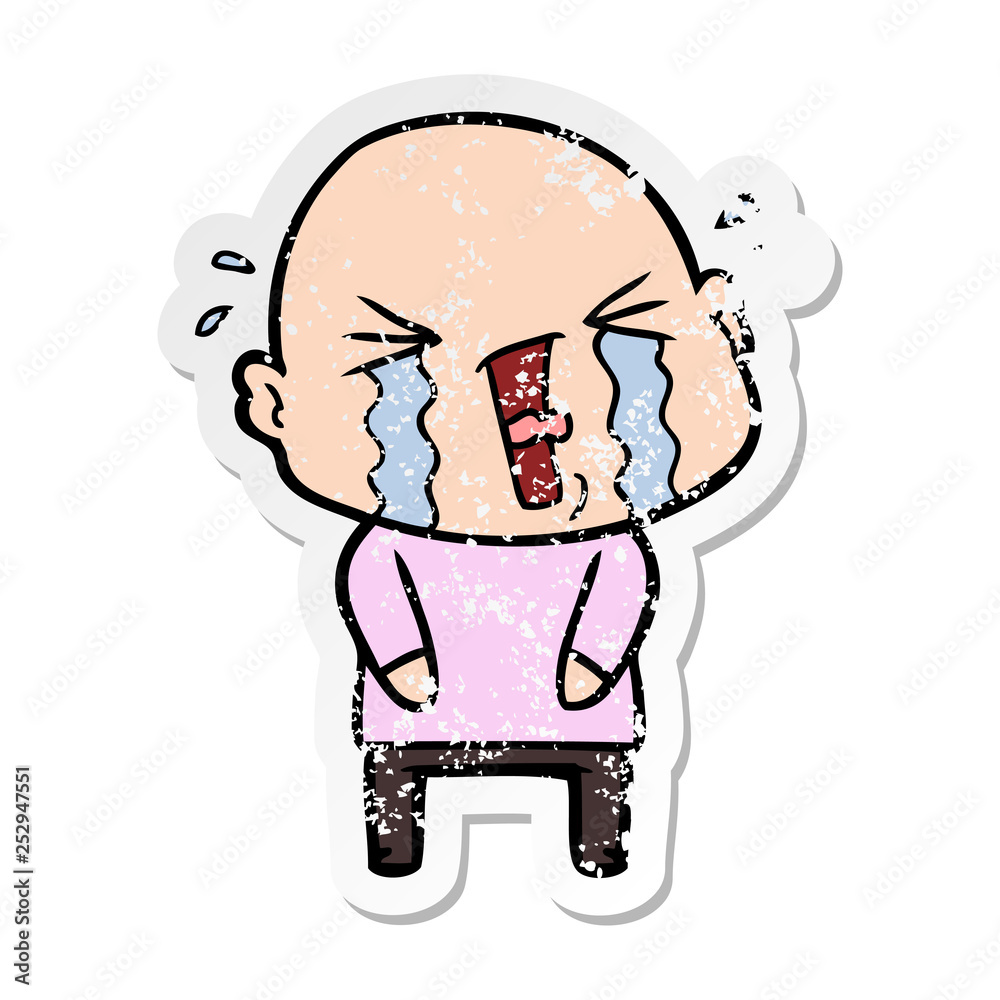 distressed sticker of a cartoon crying bald man distressed sticker of a cartoon crying bald man