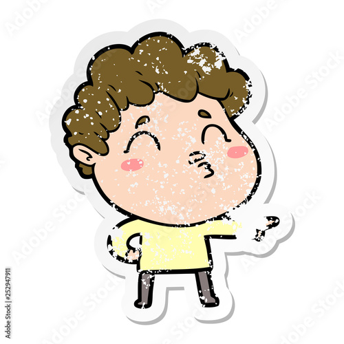 distressed sticker of a cartoon man pouting