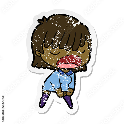 distressed sticker of a cartoon woman talking loudly