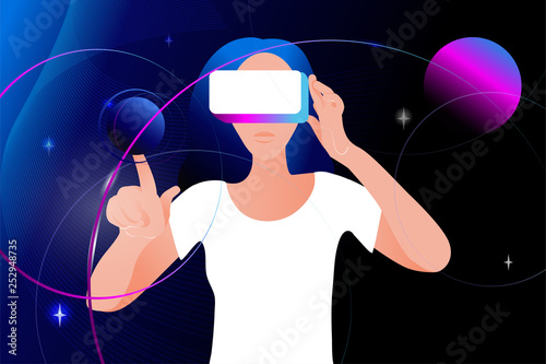 Woman in virtual reality glasses  on a space. Vector illustration in modern flat style.