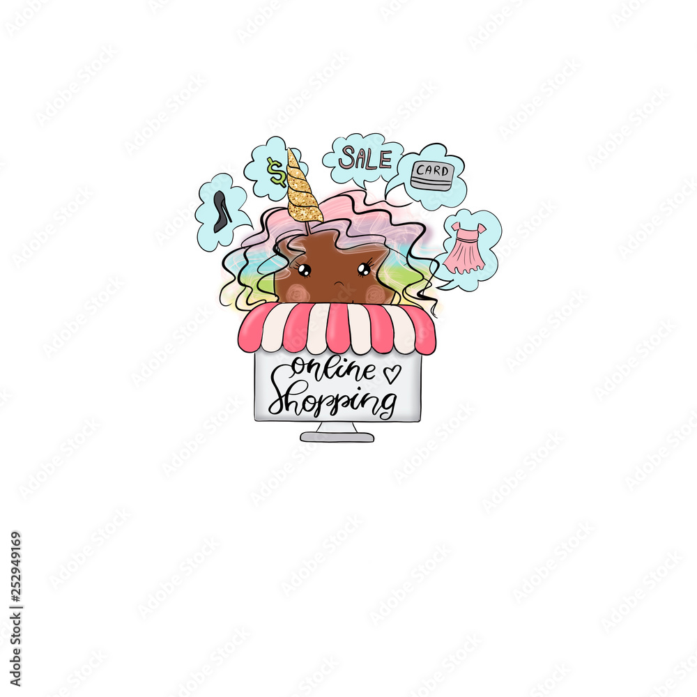 African American Unicorn  Online Shopping Girl Isolated On A White Background Hand Drawn Illustration