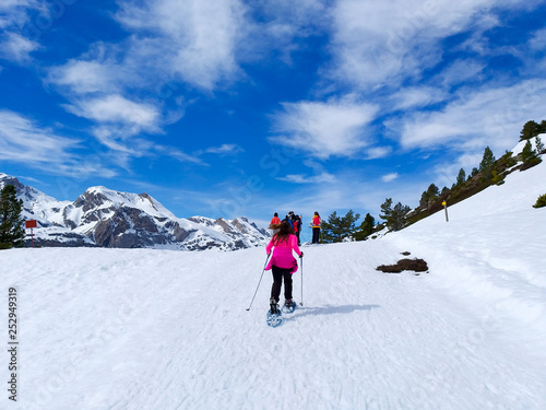 group of excursionists walking on snowshoes and stick poles on the white snow of the winter on a path of a snowy mountain in a clear sunny day