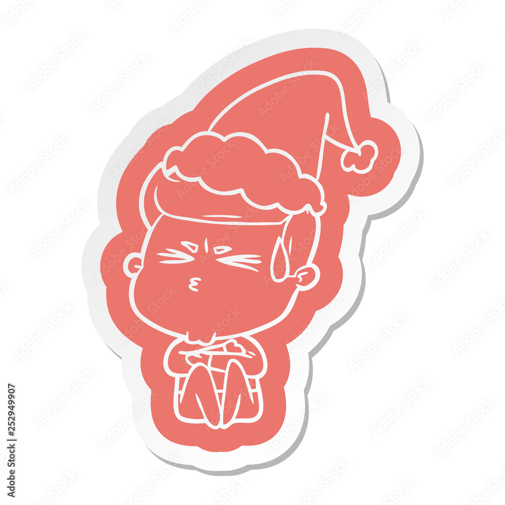 cartoon sticker of a man sweating wearing santa hat cartoon sticker of a man sweating wearing santa hat
