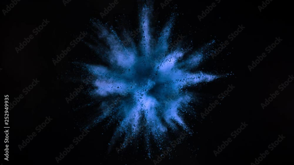 Super slowmotion shot of blue powder explosion isolated on black background. Super slowmotion shot of blue powder explosion isolated on black background.