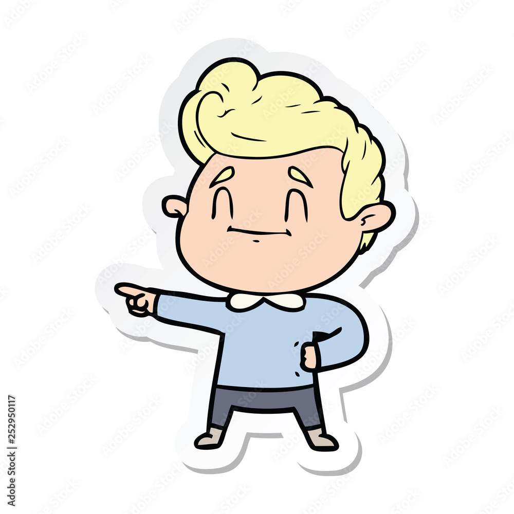 sticker of a happy cartoon man pointing