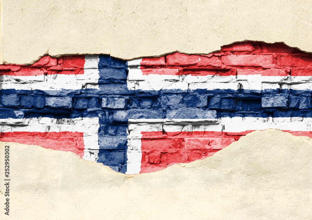 National flag of Norway on a brick background. Brick wall with partially destroyed plaster, background or texture. National flag of Norway on a brick background. Brick wall with partially destroyed plaster, background or texture.