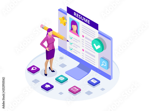 Isometric woman and cv resume documents. Recruiting advertisement, Job opportunity. Searching professional staff, work, analyzing resume, documents papers