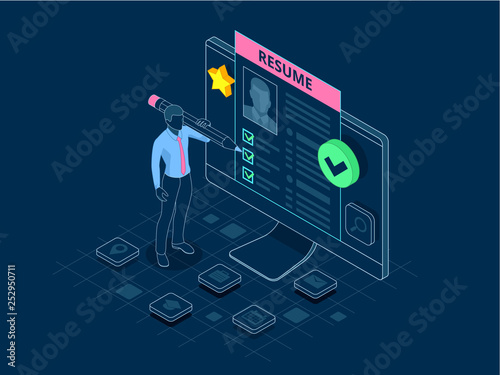 Isometric man and cv resume documents. Recruiting advertisement, Job opportunity. Searching professional staff, work, analyzing resume, documents papers