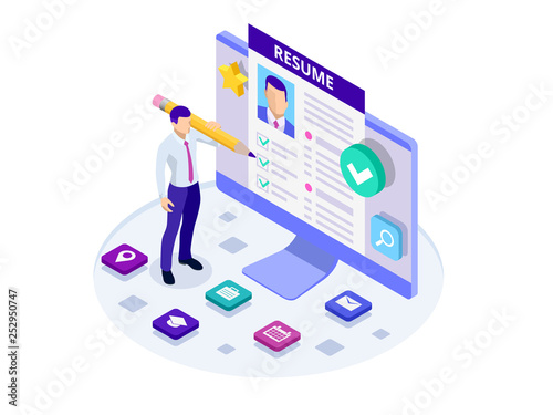 Isometric man and cv resume documents. Recruiting advertisement, Job opportunity. Searching professional staff, work, analyzing resume, documents papers