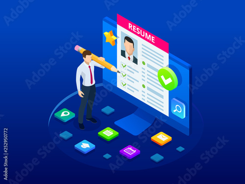 Isometric man and cv resume documents. Recruiting advertisement, Job opportunity. Searching professional staff, work, analyzing resume, documents papers