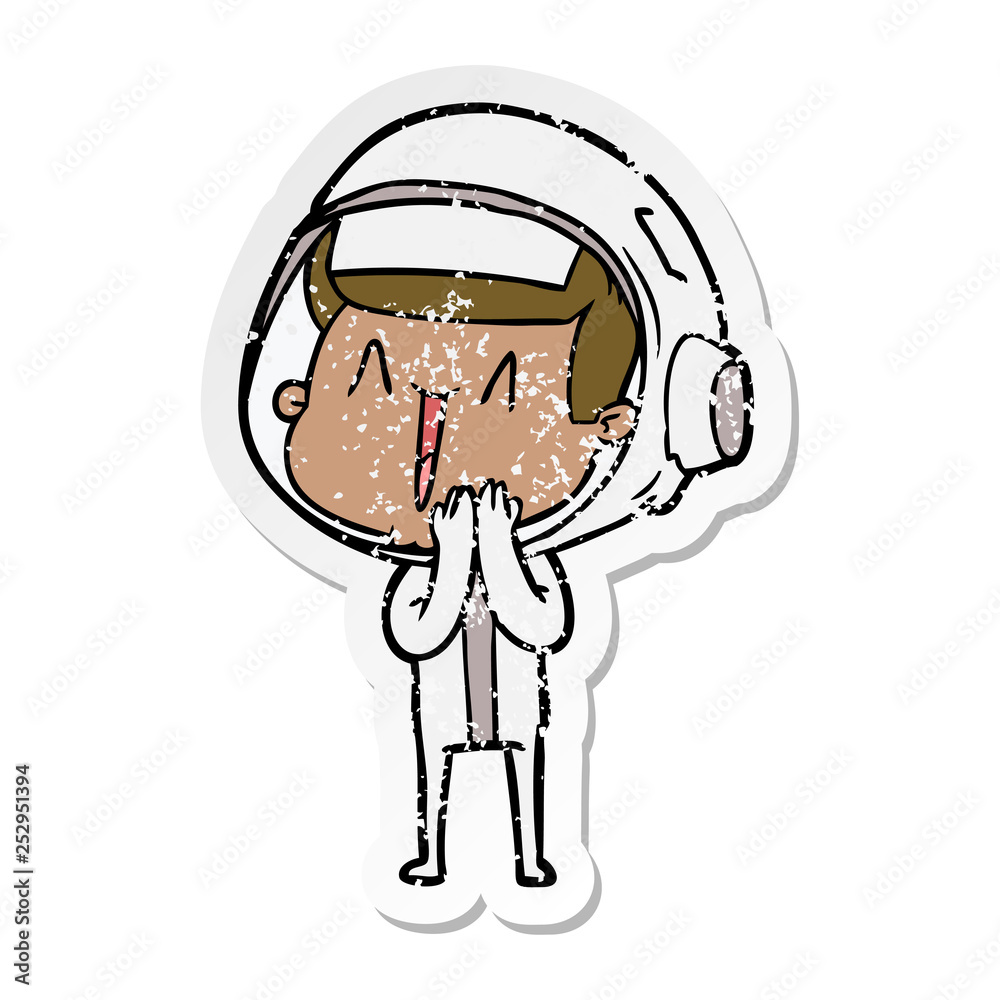 distressed sticker of a happy cartoon astronaut distressed sticker of a happy cartoon astronaut