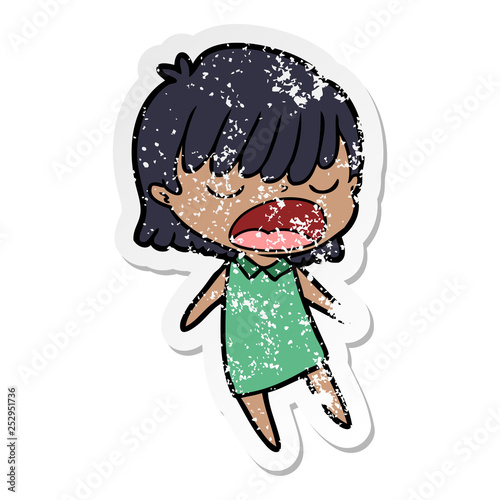 distressed sticker of a cartoon woman talking loudly